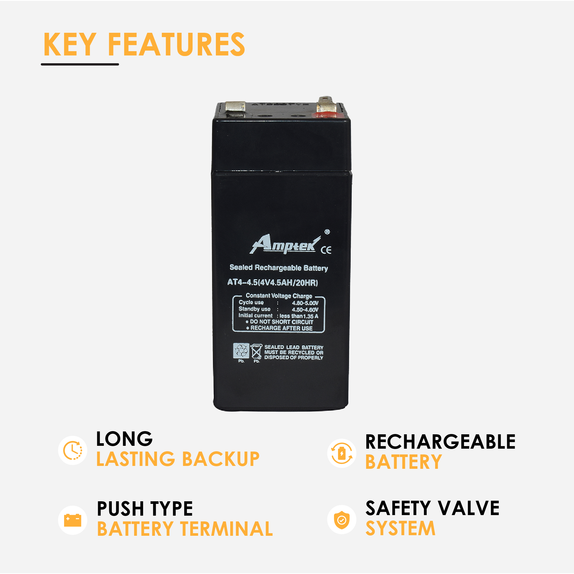 Amptek 6V 4.5Ah Rechargeable Sealed Lead Acid Battery : :  Electronics